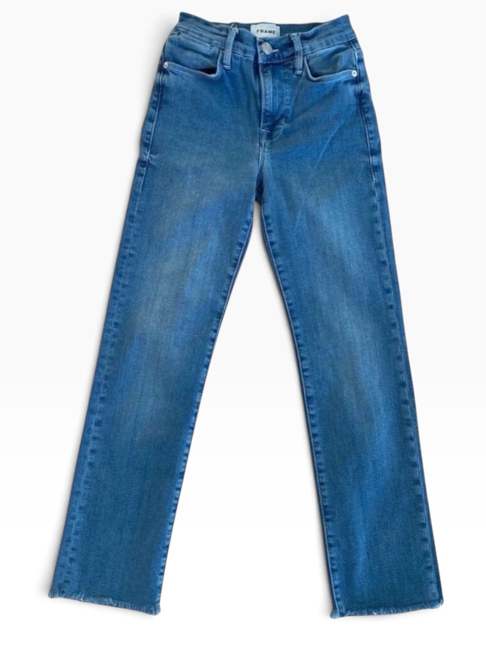 FRAME Le high straight jeans high rise raw hems stretchy soft blue denim size 24
